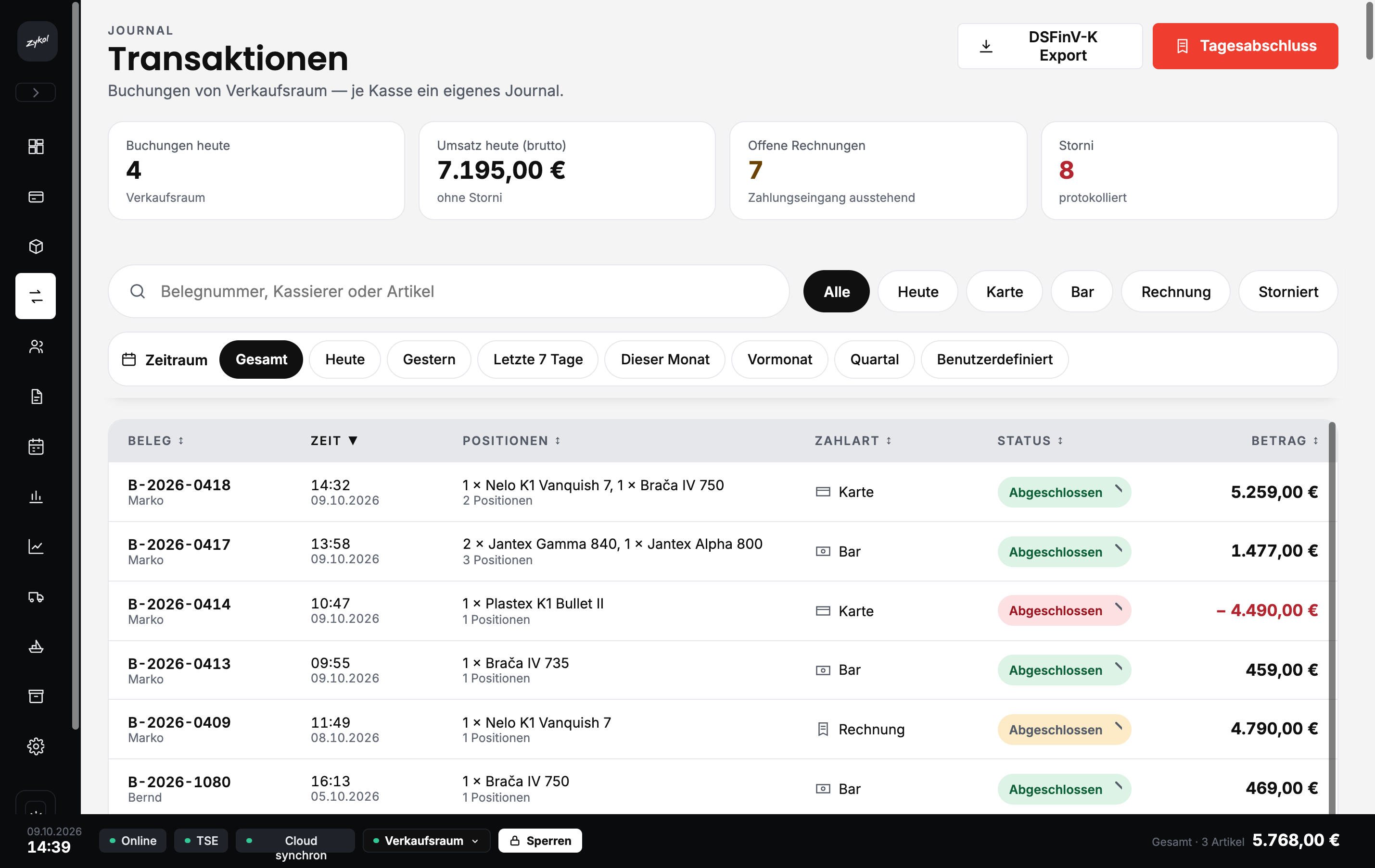 zykol.POS: Transaktionsjournal mit Zeitraumfilter und Status